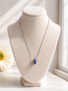 Blue Crystal Charm Necklace Silver Chain Dainty Minimal Pendant Gift